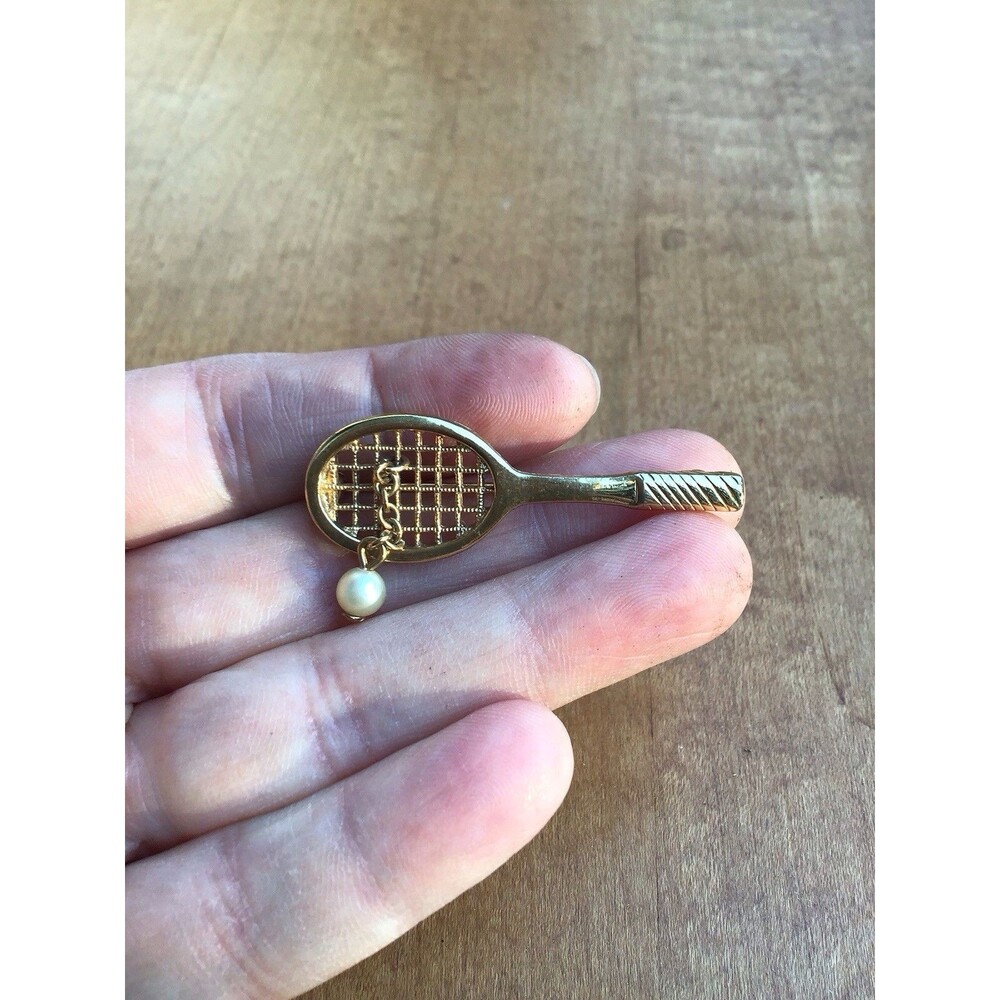 AVON Tennis Lapel Hat Jacket Pin Racket & Ball Gold Color Metal